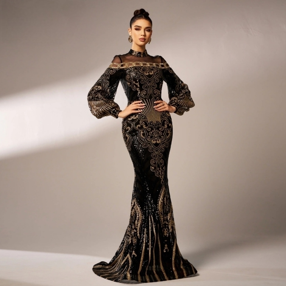 Black Embellished Backless Gown with Bishop Sleeves- CUSTOM MADE - Picture 8 of 15